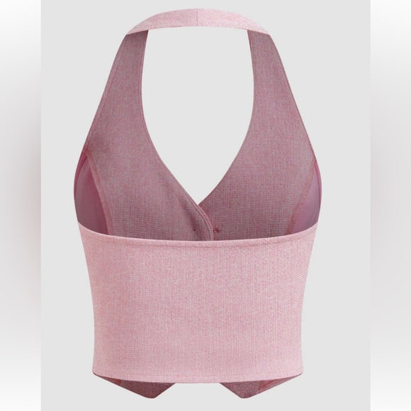 New CIDER Pink linen halter Vest with Pearl button accents, size L - Picture 5 of 9